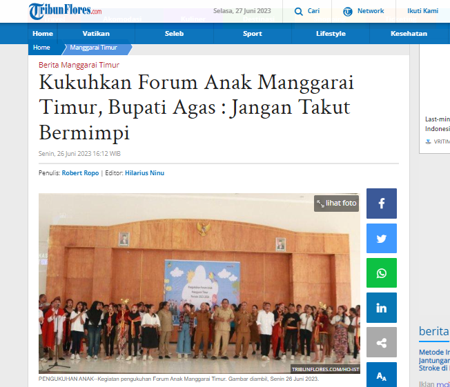 Kukuhkan Forum Anak Manggarai Timur, Bupati Agas: Jangan Takut Bermimpi